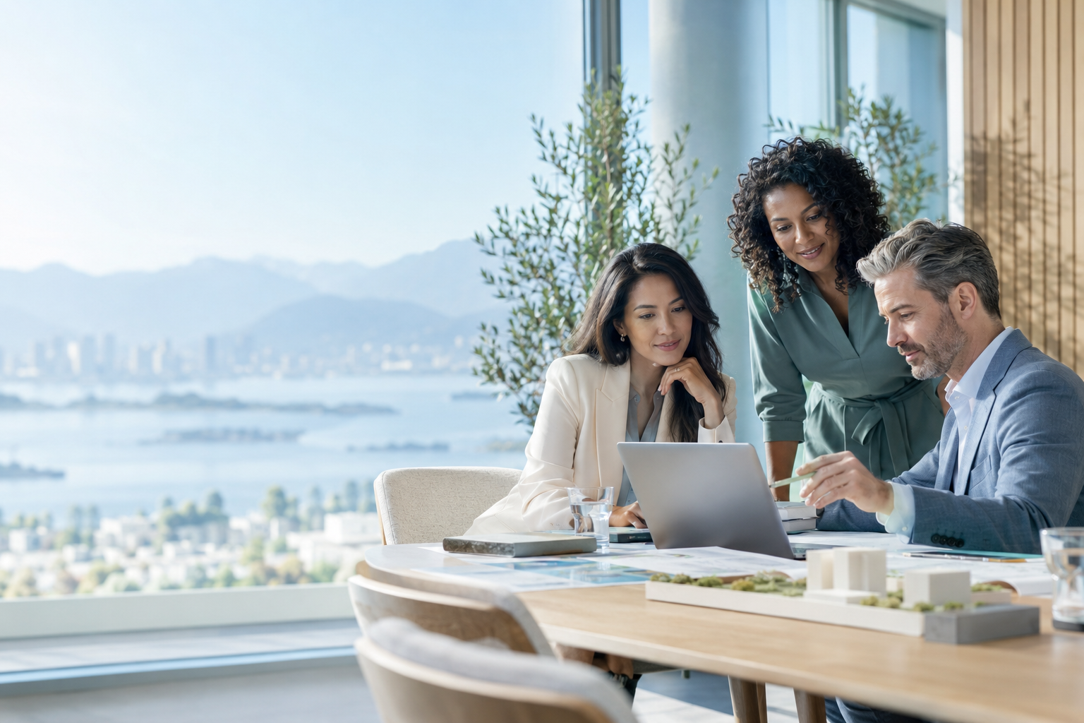 Business leaders collaborating around a strategy table in a bright modern office