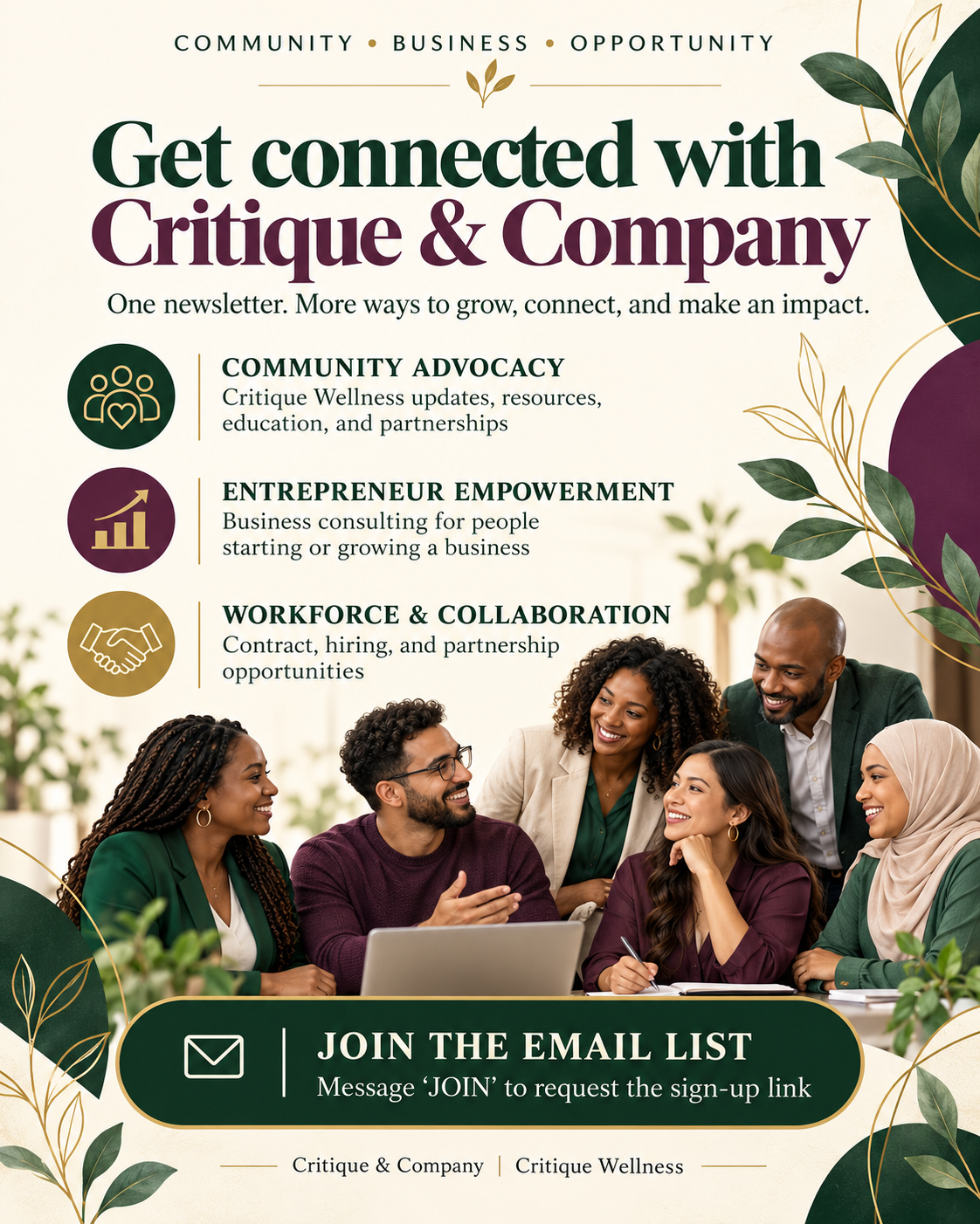 Critique & Company newsletter flyer inviting readers to join for community advocacy, entrepreneur empowerment, workforce and collaboration updates